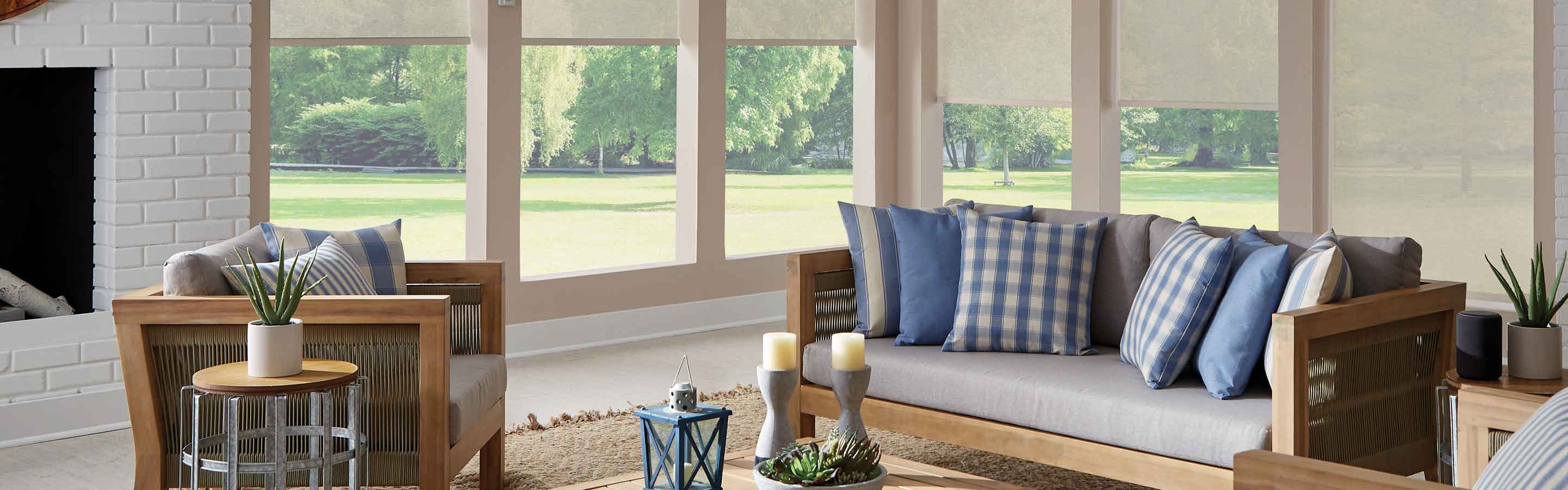 beige window treatments in living room